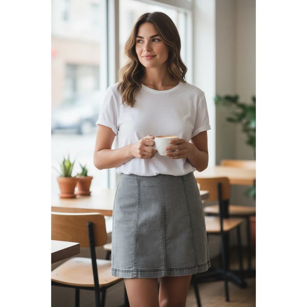 Free People Modern Femme Mini Skirt Womens 6 Gray Stretch Denim A Line